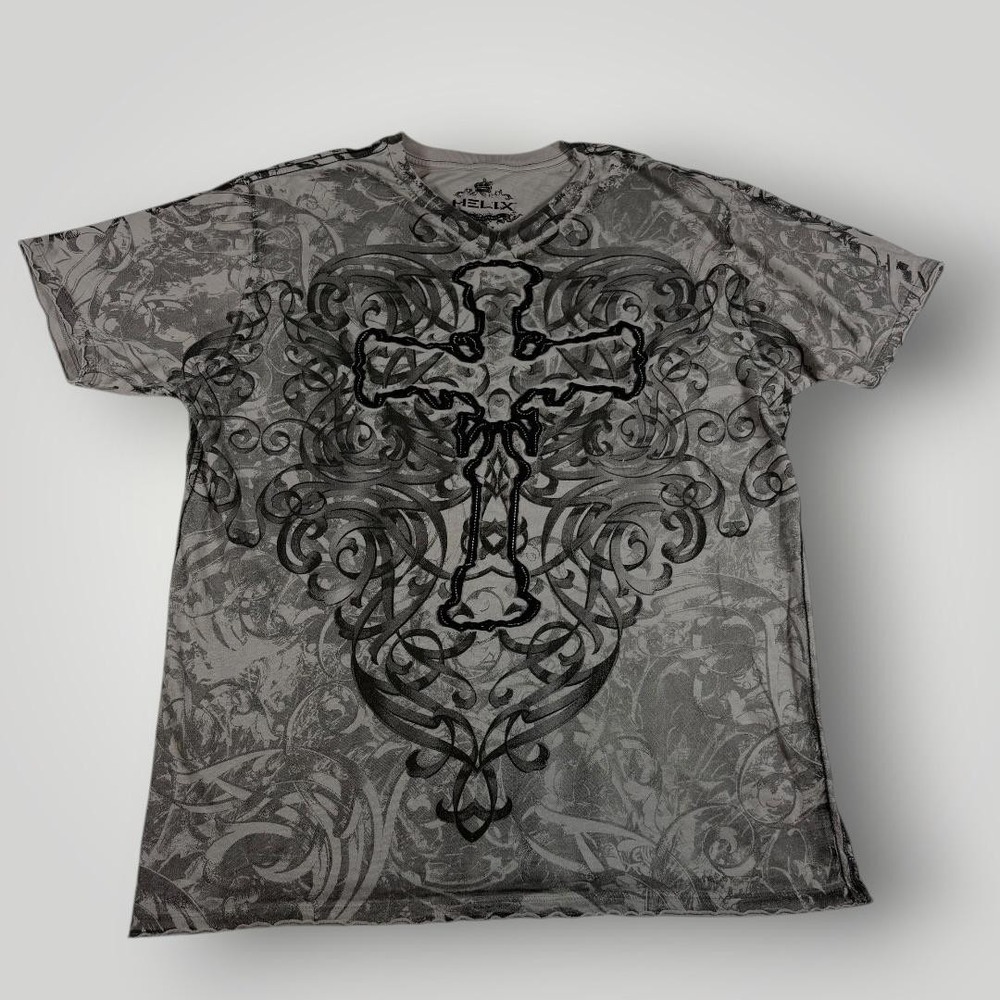 Helix Y2K‎ Shirt Mens 2XL Gray Cross Graphic Tagless Short Sleeve Gothic Tee